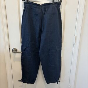 Magaschoni | Women's 100% Linen Cargo Pants Blue Sz L Blue $198